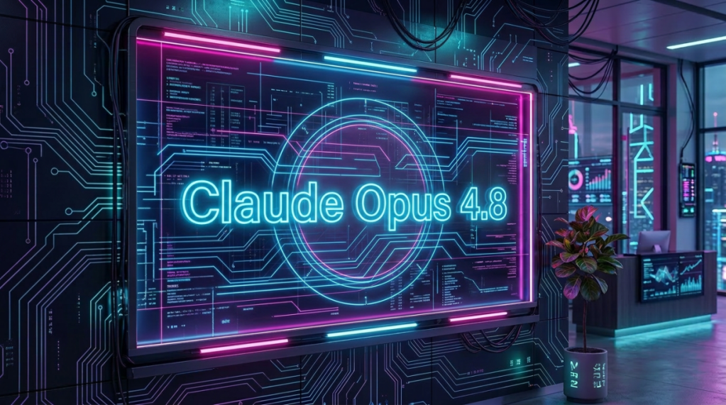 Sign reading Claude Opues 4.8 on an illuminated office wall
